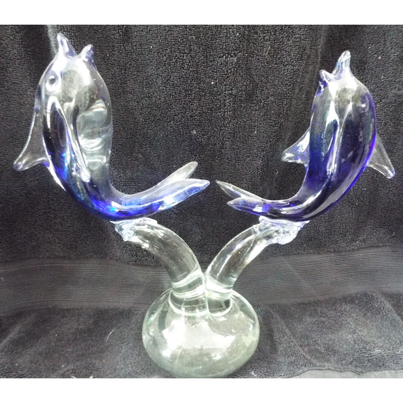 Vintage Murano Art Glass Style 2 Blue Dolphin Figurines Statue - Picture 1 of 11